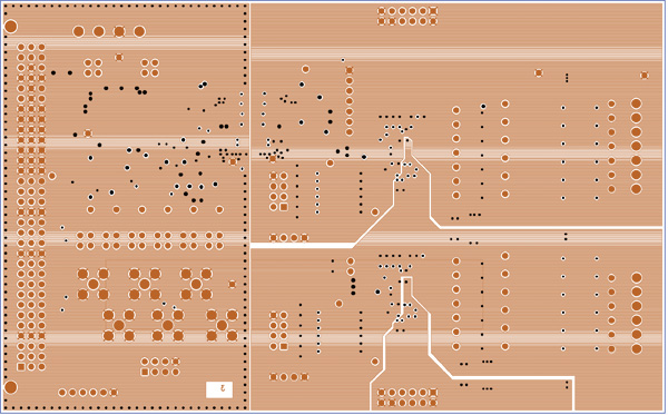 Layer 3 of the EVAL-AD7280AEDZ PCB contains the shielding below the daisy-chain signals Layer 3 of the EVAL-AD7280AEDZ PCB